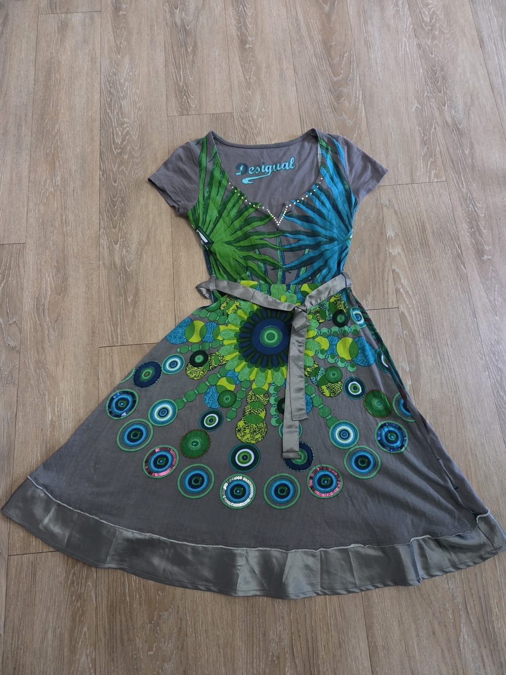 Vintage Desigual Green Tropical Mandala Print Cotton Mini Dress Belted Studded M